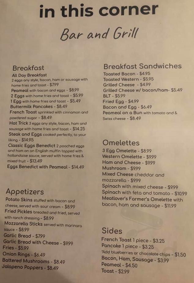 Menu for in this corner in Schomberg, ON Sirved