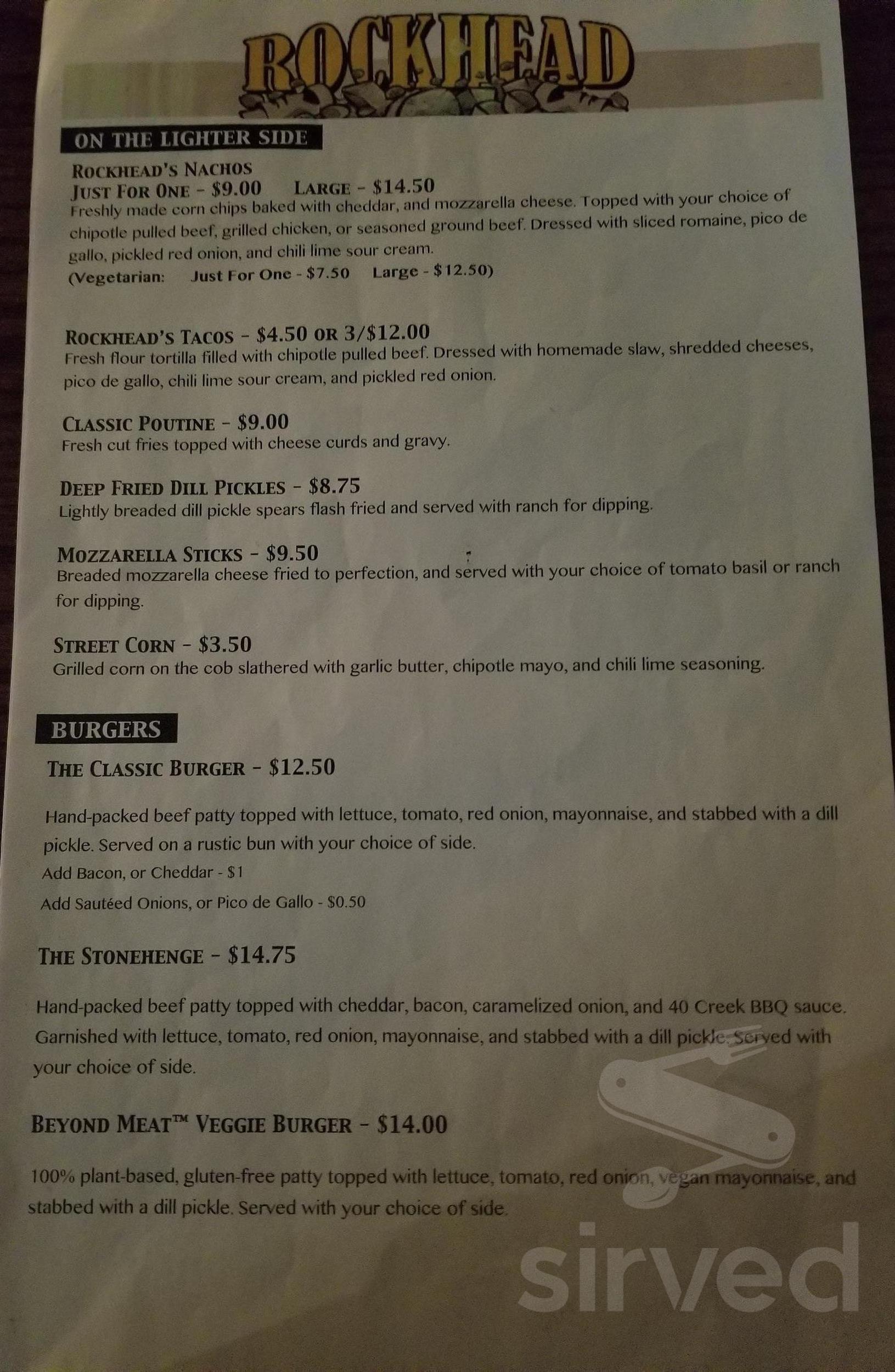 Springhead Menu Menu for Rockhead Pub in Windsor, ON | Sirved