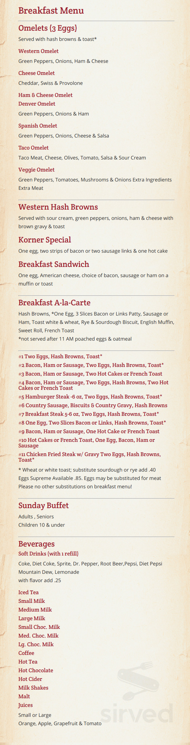 Kountry Korner Café menu in Bozeman, Montana, USA