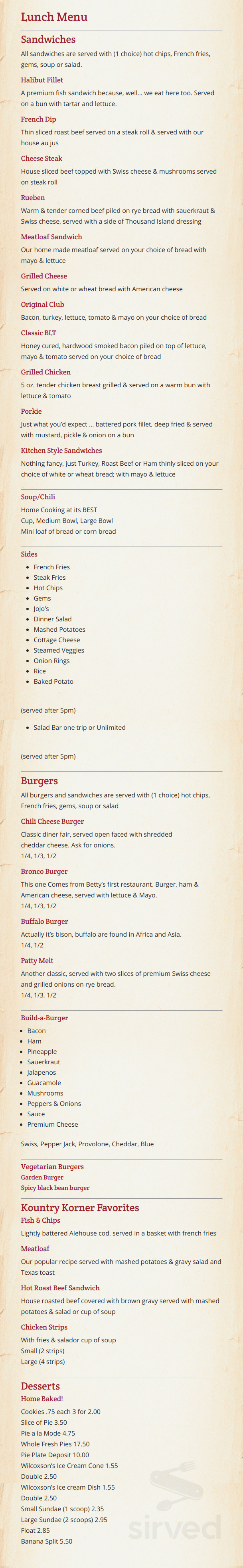 Kountry Korner Café menu in Bozeman, Montana, USA