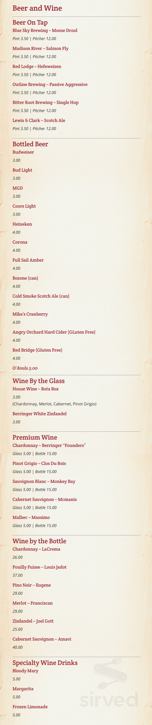 Kountry Korner Café menu in Bozeman, Montana, USA