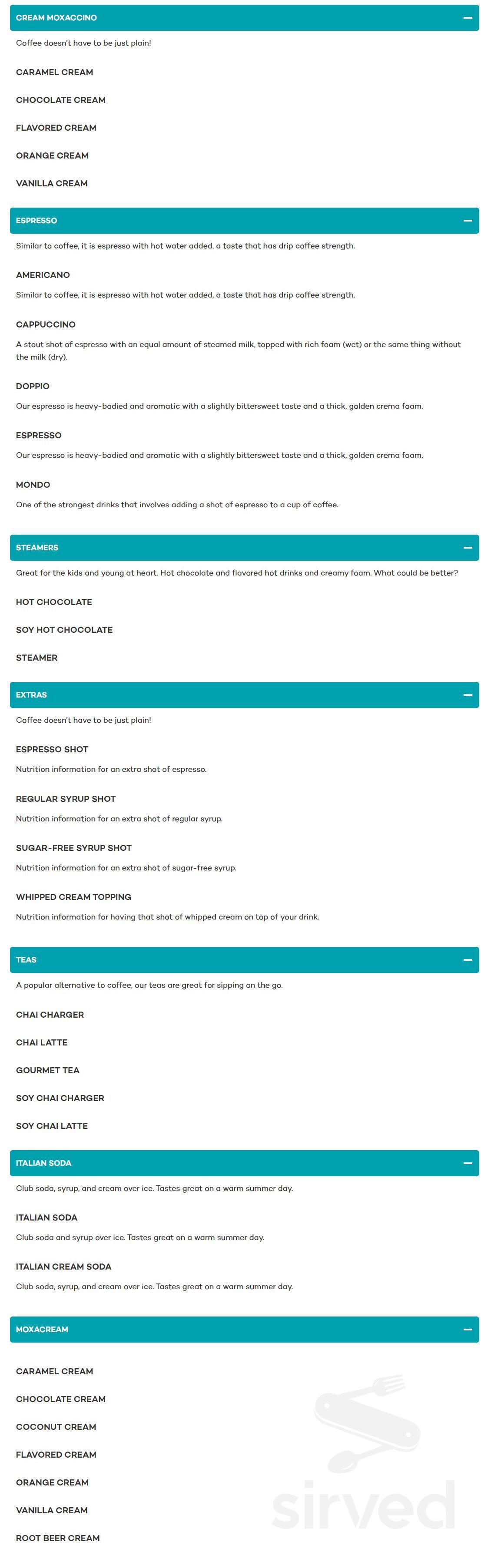 Moxie Java menu in Boise, Idaho, USA