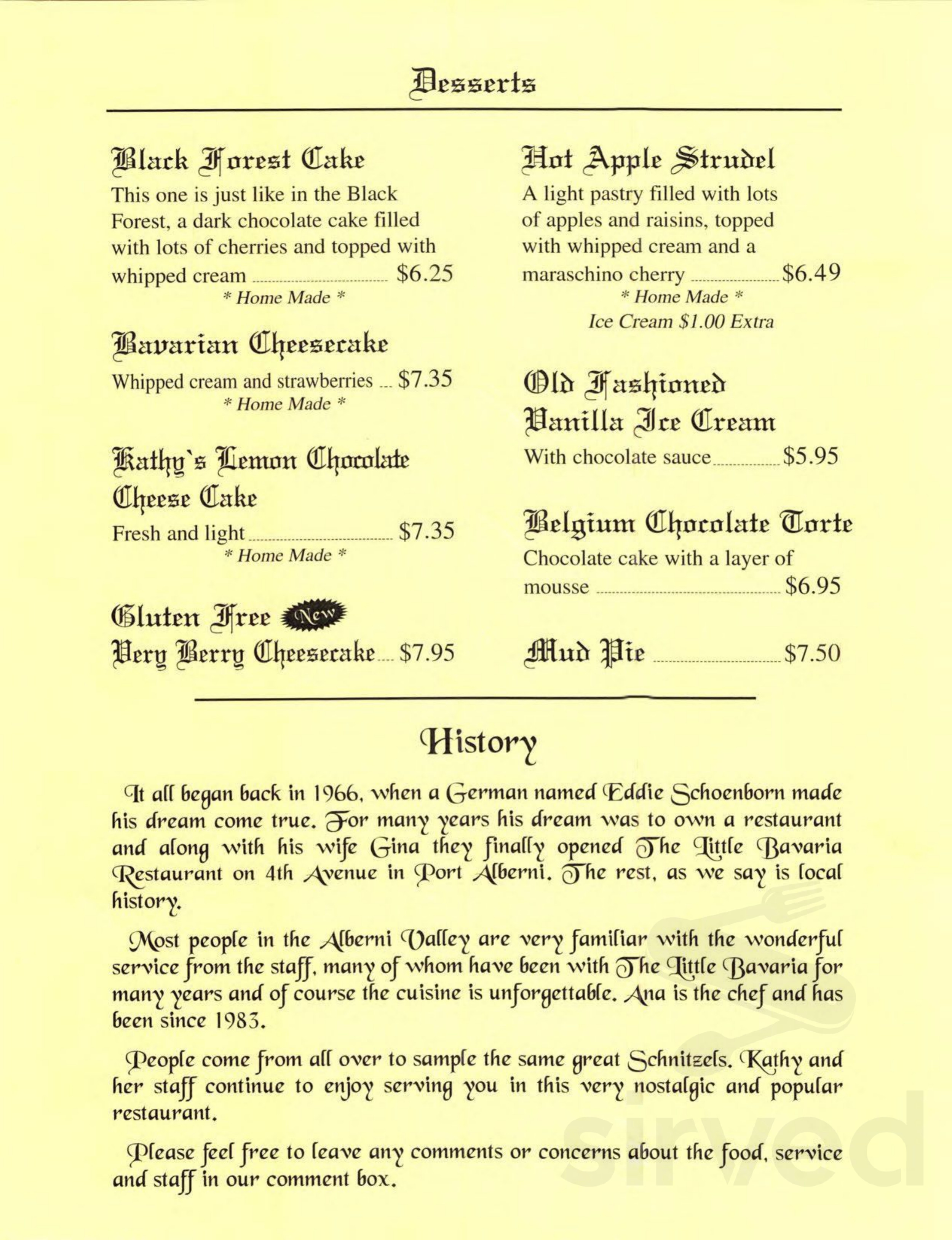 Little Bavaria Restaurant lunch menu in Port Alberni, British Columbia