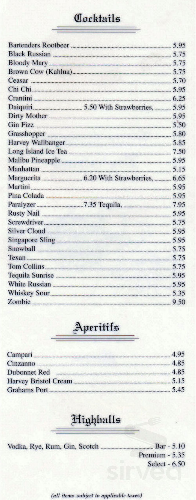 Little Bavaria Restaurant drink menu in Port Alberni, British Columbia