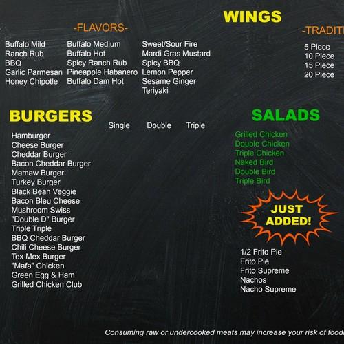 Bill's Burgers menu in Marble Falls, Texas, USA