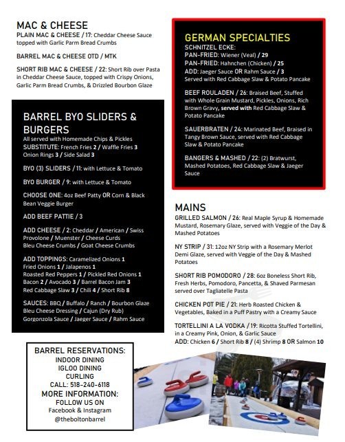 The Barrel menu in Bolton Landing, New York, USA