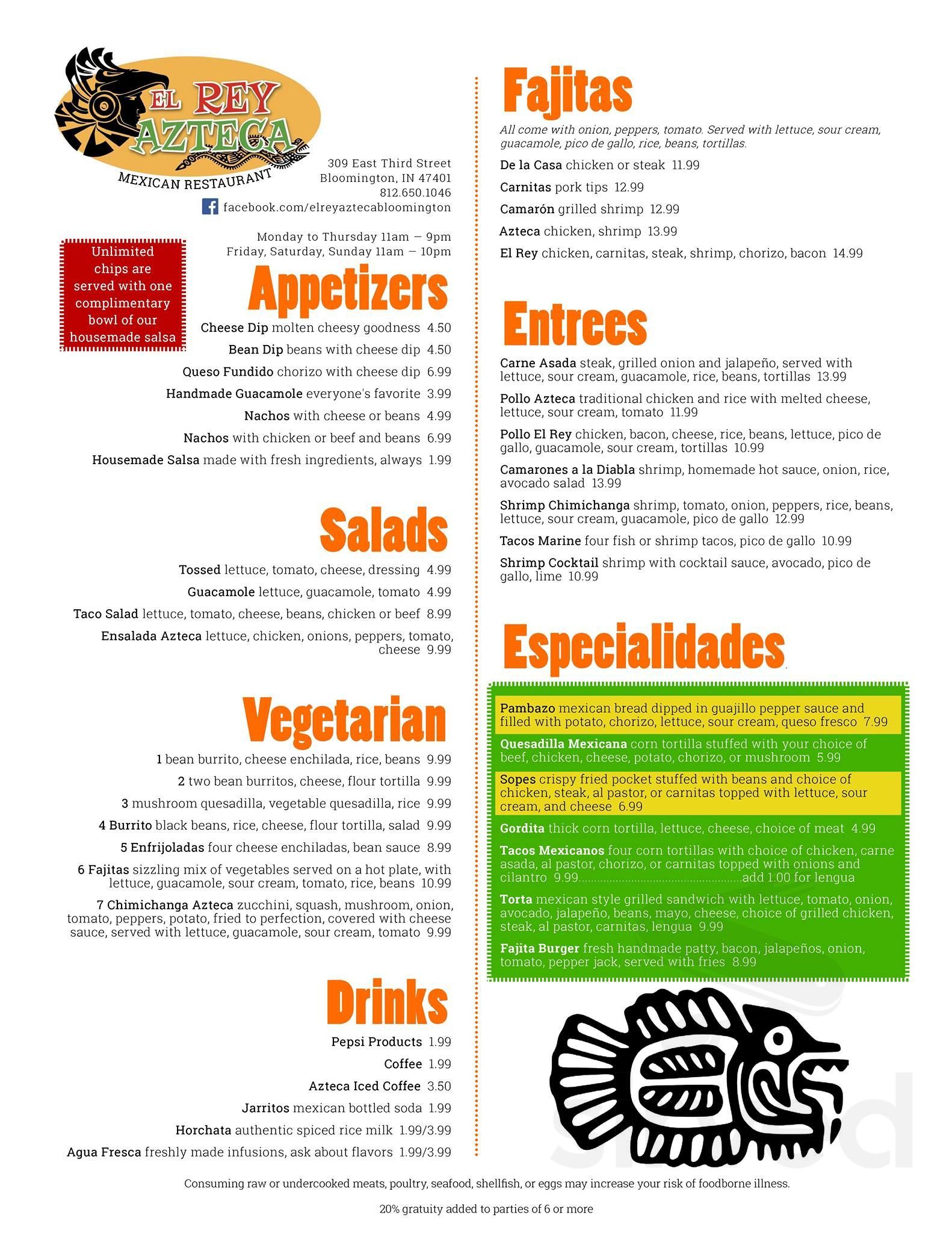 Menu - Bloomington IN's El Rey Azteca | Sirved