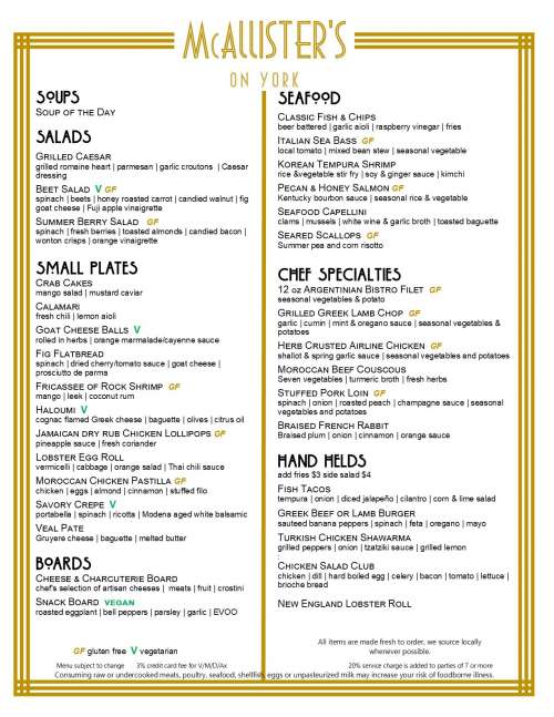 McAllister's on York menu in Hanover, Pennsylvania, USA