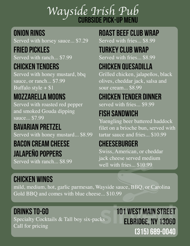 Wayside Irish Pub menu in Elbridge, New York, USA