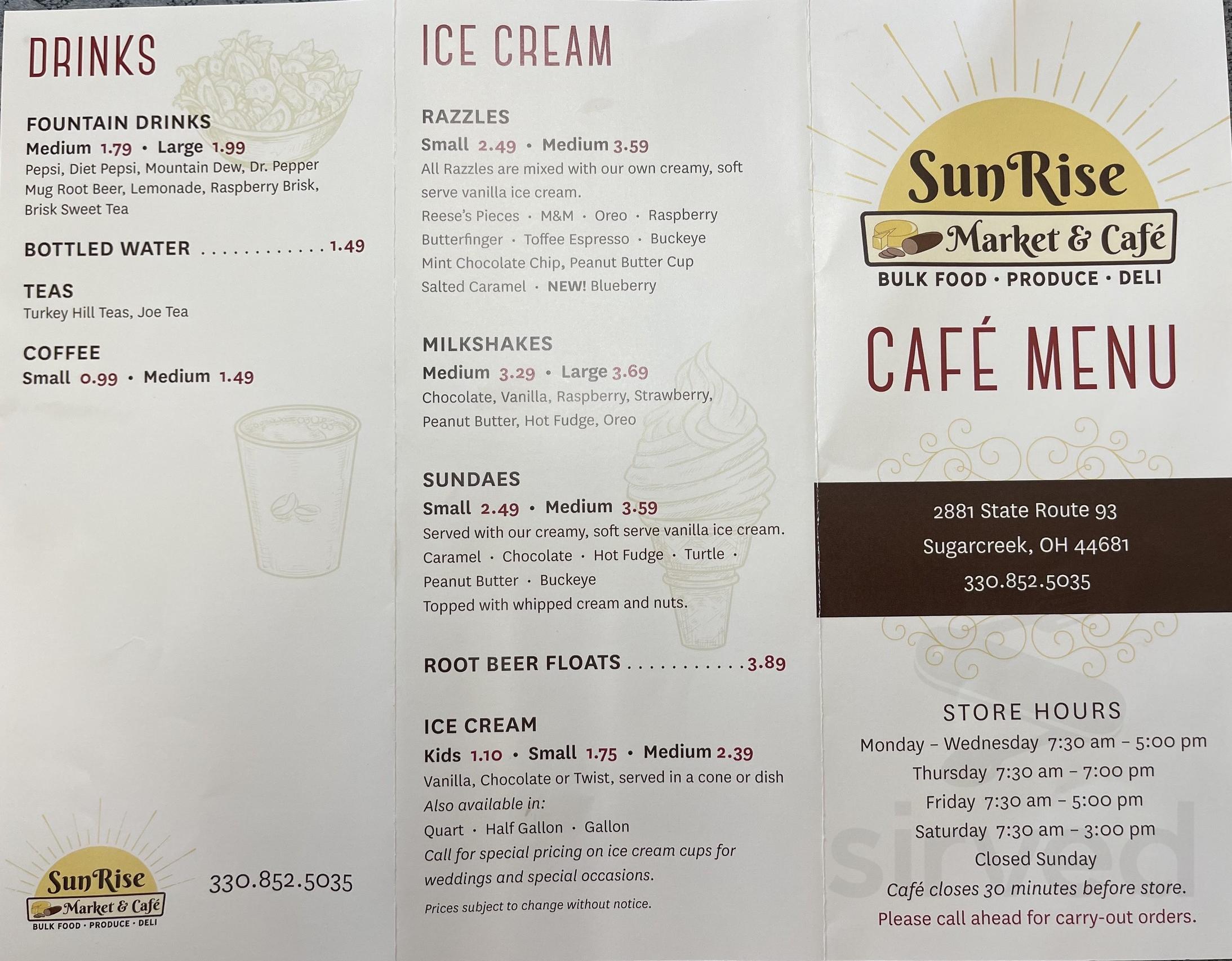 Sunrise Market Cafe menu in Sugarcreek Ohio USA Sunrise Market Cafe menu in Sugarcreek Ohio USA