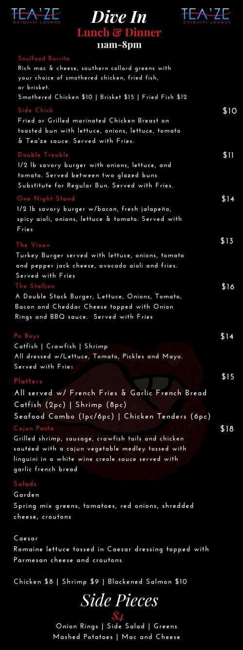 Tea'ze Daiquiris To Go menu in Galveston, Texas, USA