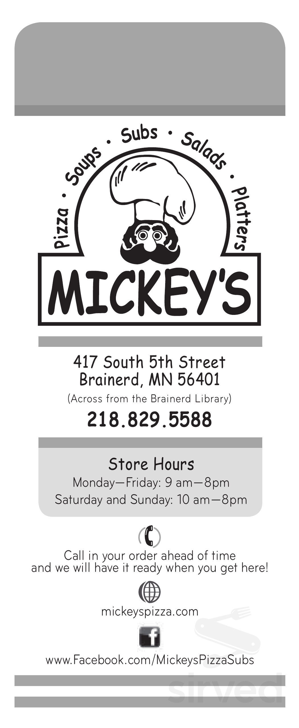 Mickey's Pizza & Subs menu in Brainerd, Minnesota, USA
