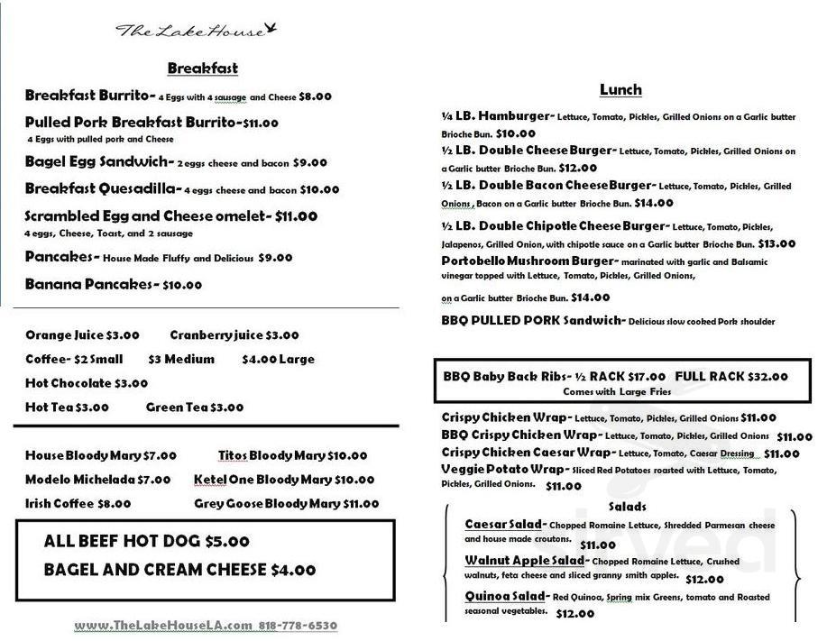 The Lake House menu in Van Nuys, California