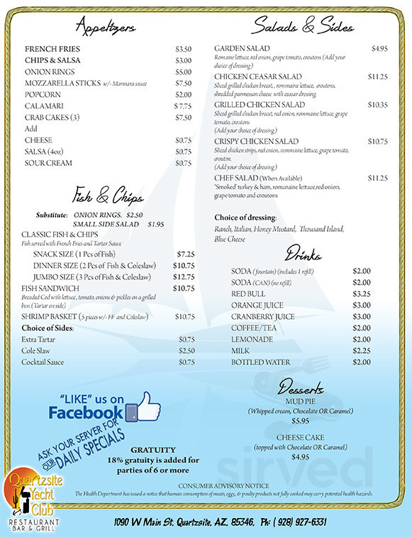 Quartzsite Yacht Club Restaurant Bar menus in Quartzsite, Arizona