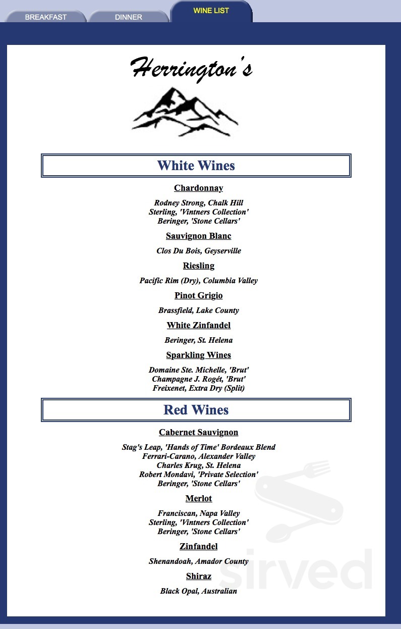 Herrington's Sierra Pines Resort Restaurant drink menu in Sierra City, California