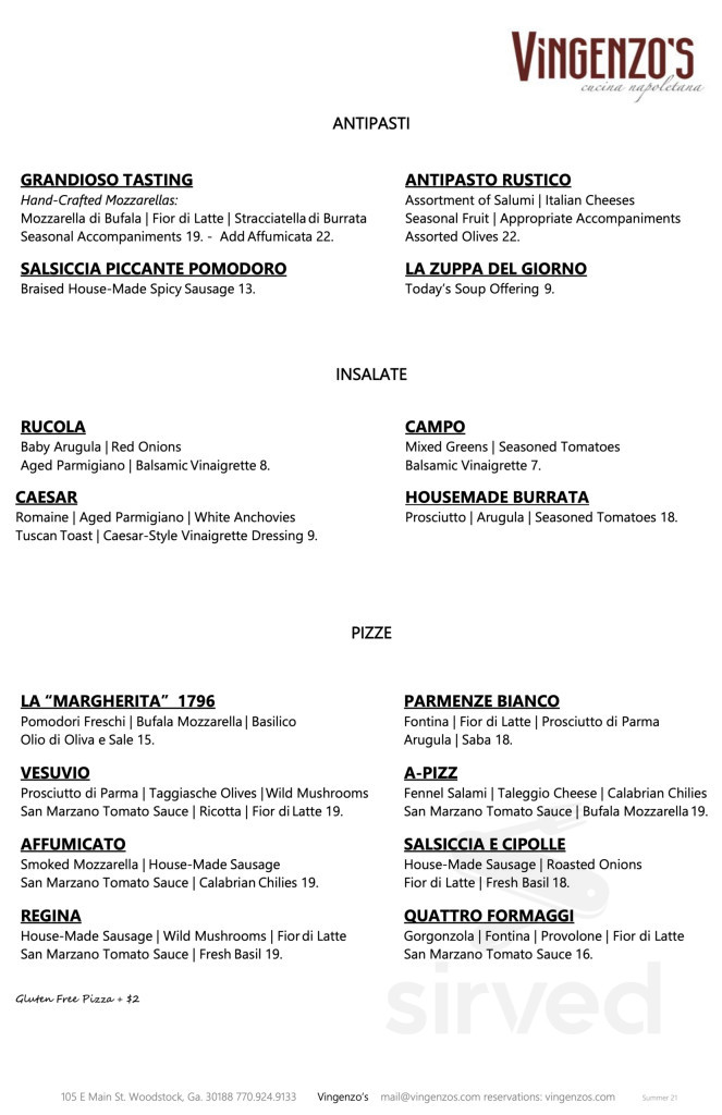 Vingenzo's menu in Woodstock, USA