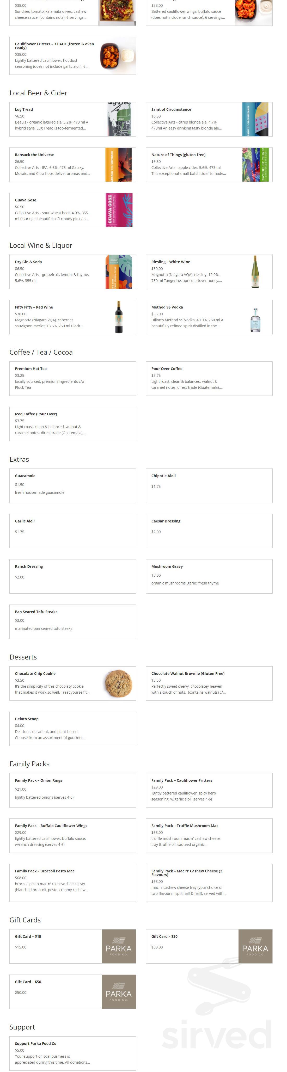 Parka Food Co. menu in Toronto, Ontario