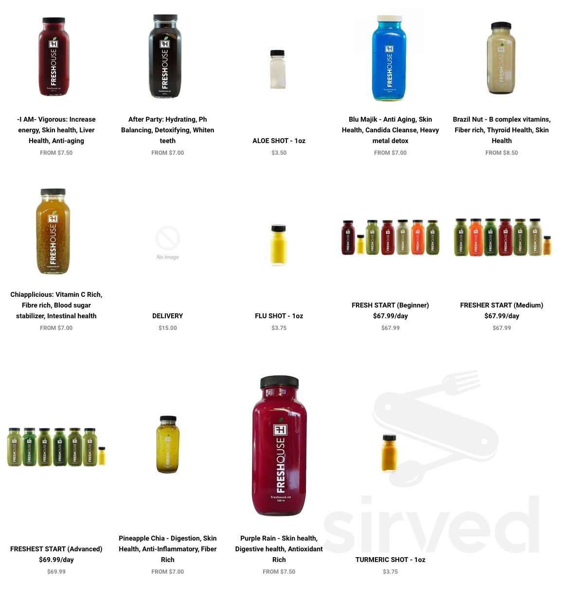 Freshouse Food and Juice Bar drink menu in Woodbridge, Ontario