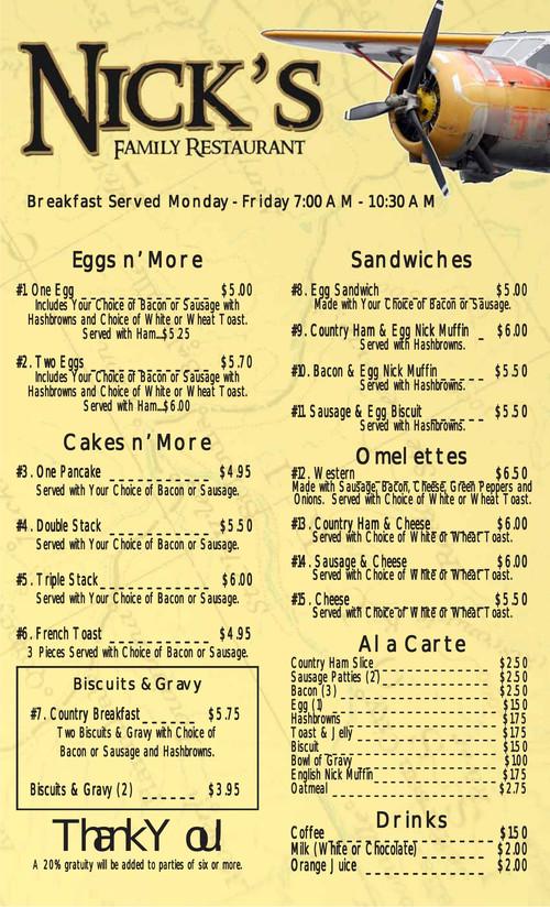 Nick's Family Restaurant menu in Jefferson City, Missouri, USA