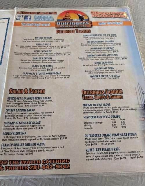 Outriggers Seafood Grill & Bar menu in Seabrook, Texas, USA