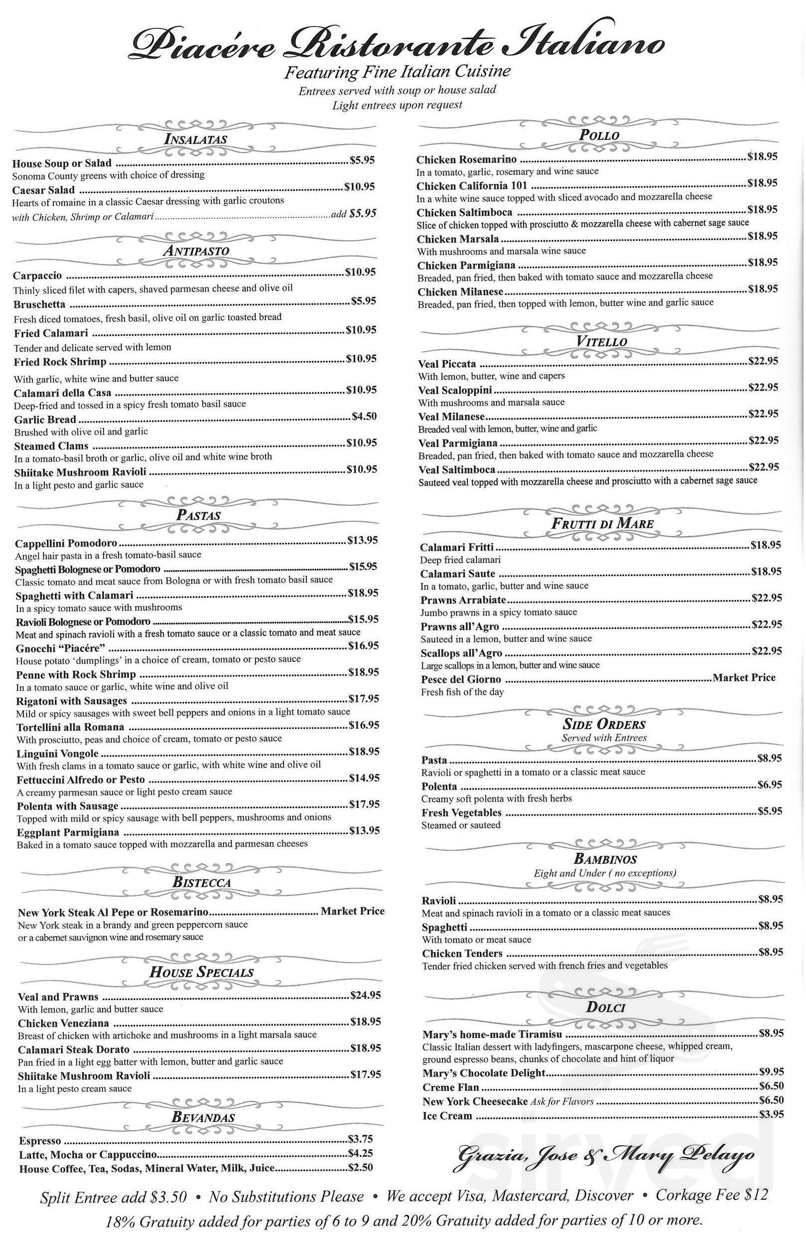 Piacére Ristorante Italiano menu in Cloverdale, California, USA