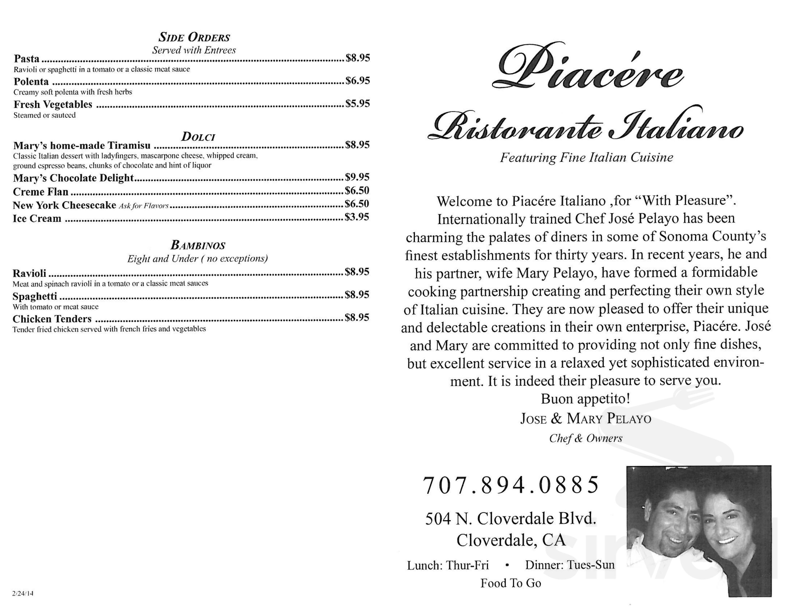 Piacére Ristorante Italiano menu in Cloverdale, California, USA