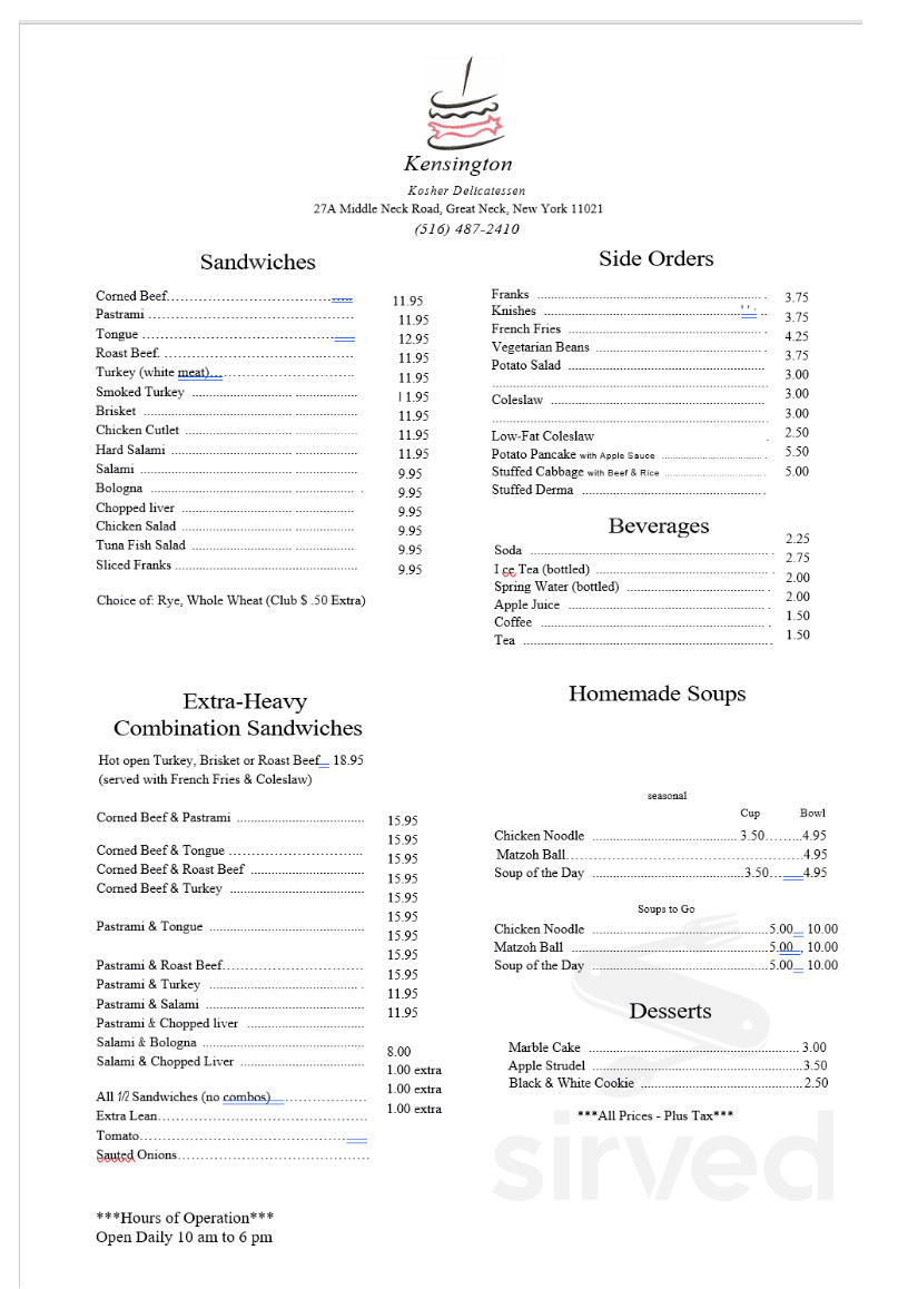 Kensington Kosher Delicatessen menu in Great Neck, New York, USA