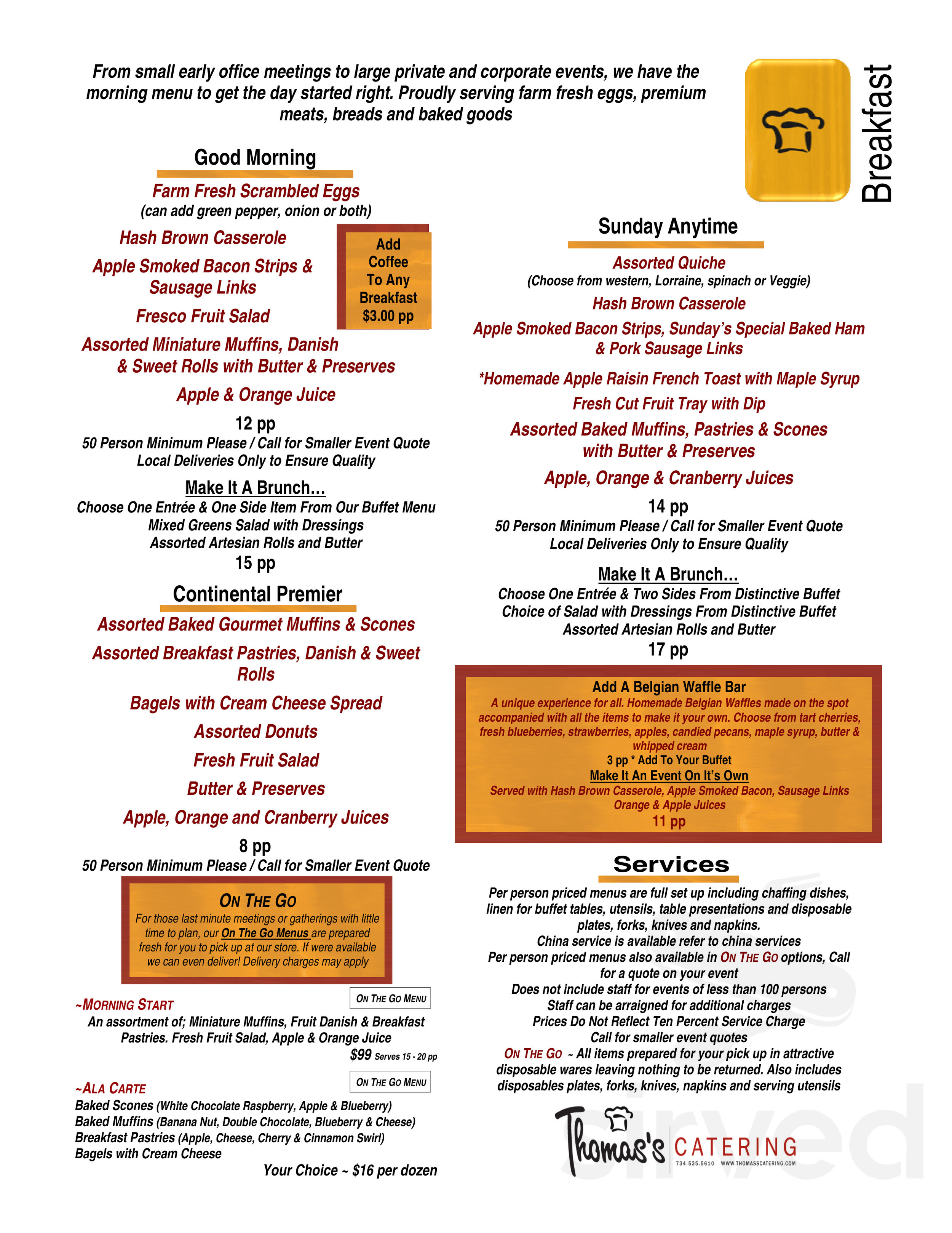 Thomas Partners Menu Thomas's Catering menu in Westland, Michigan, USA