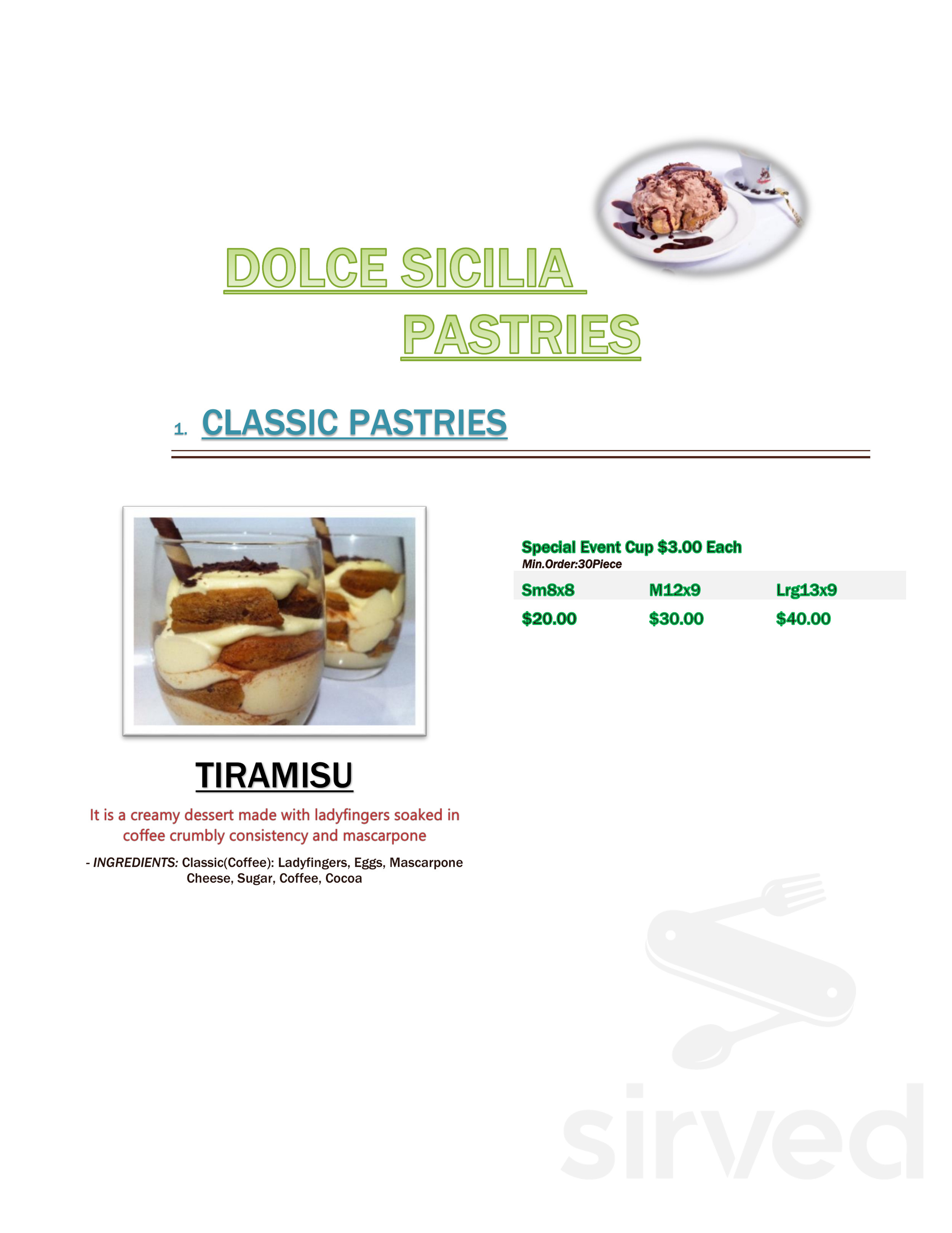 Dolce Sicilia Cafe dessert menu in San Jose, California