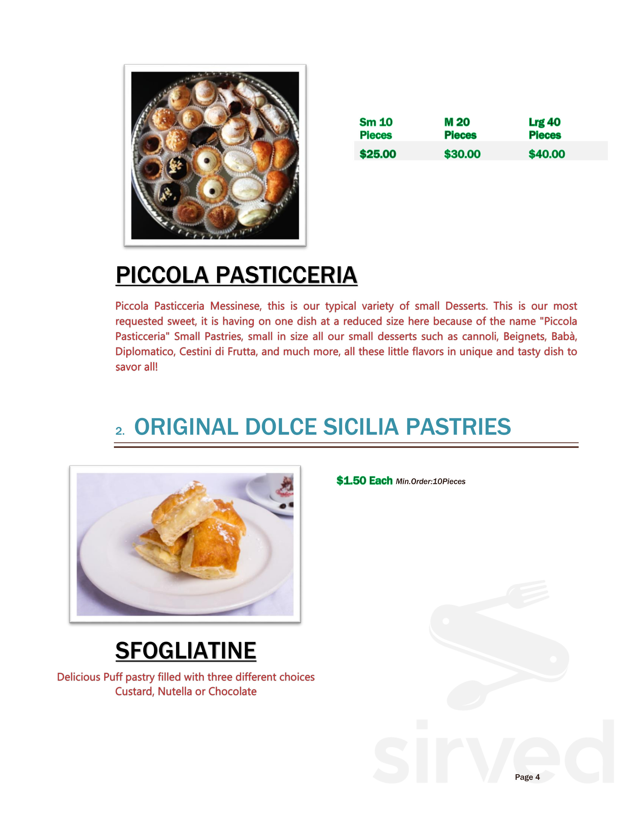 Dolce Sicilia Cafe dessert menu in San Jose, California