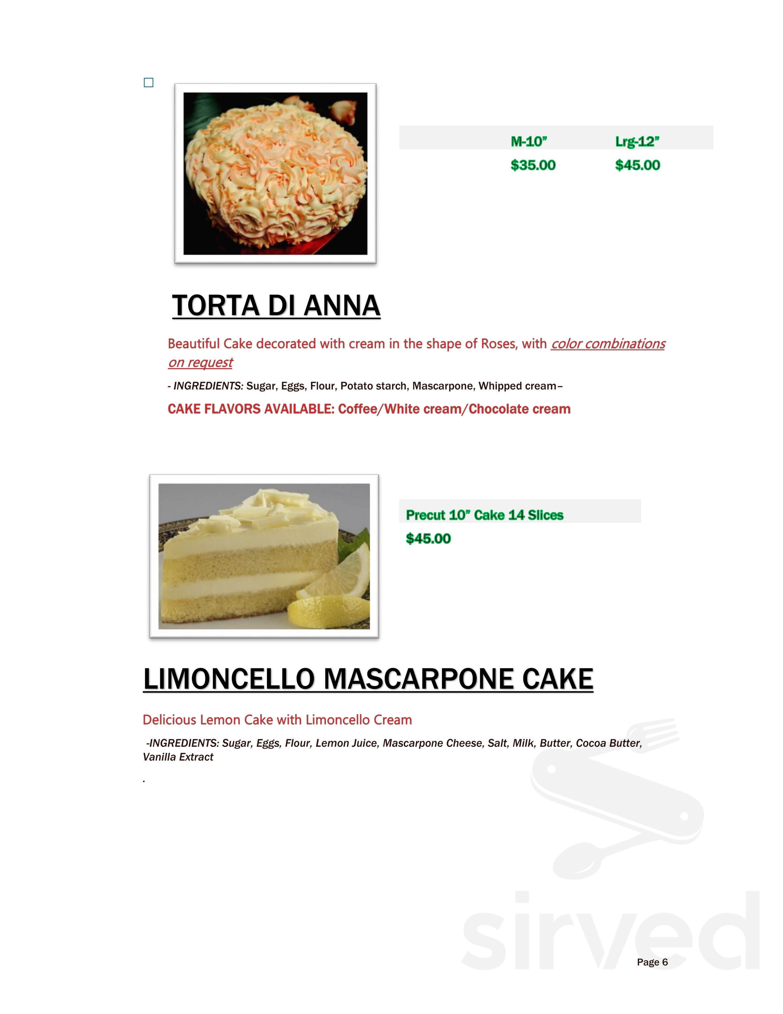 Dolce Sicilia Cafe dessert menu in San Jose, California