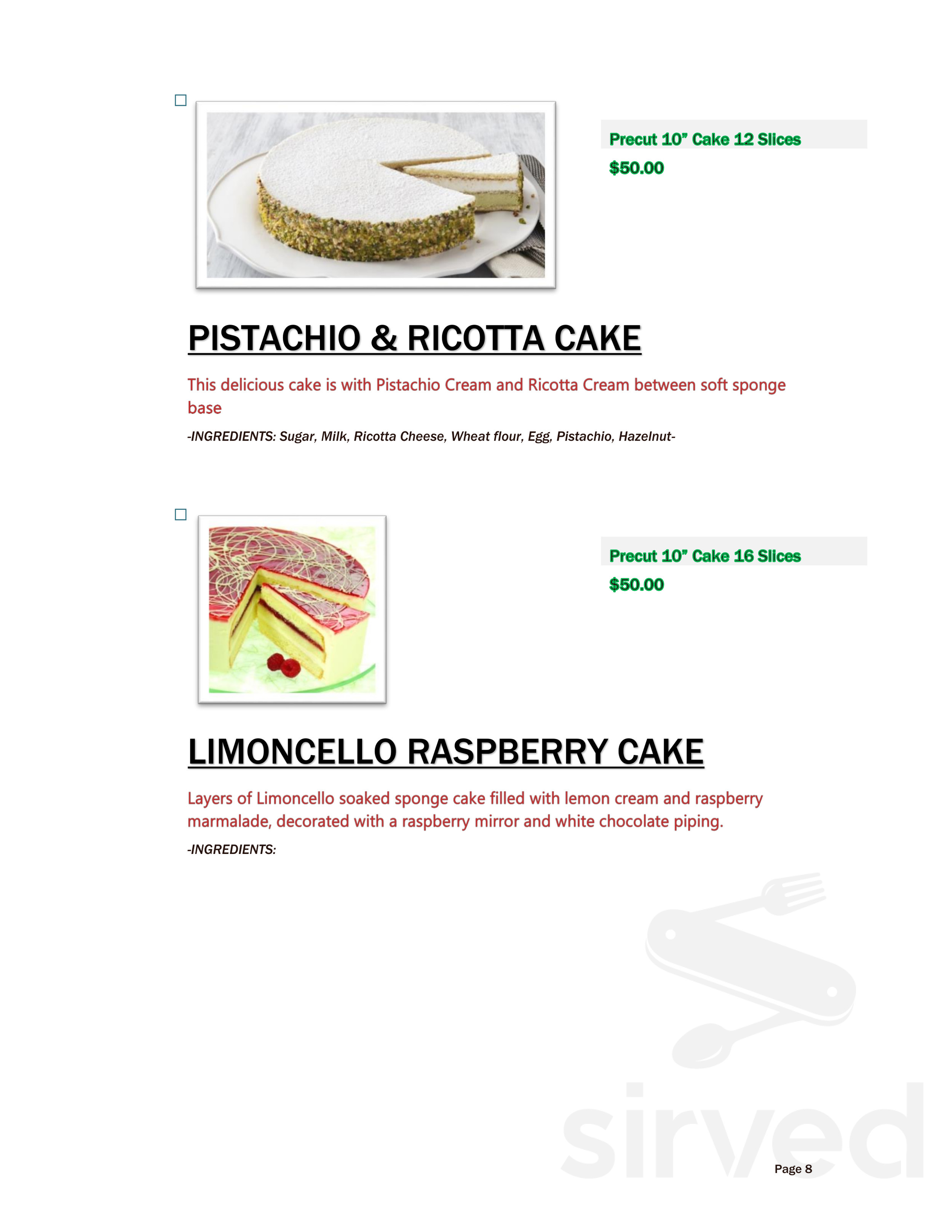 Dolce Sicilia Cafe dessert menu in San Jose, California