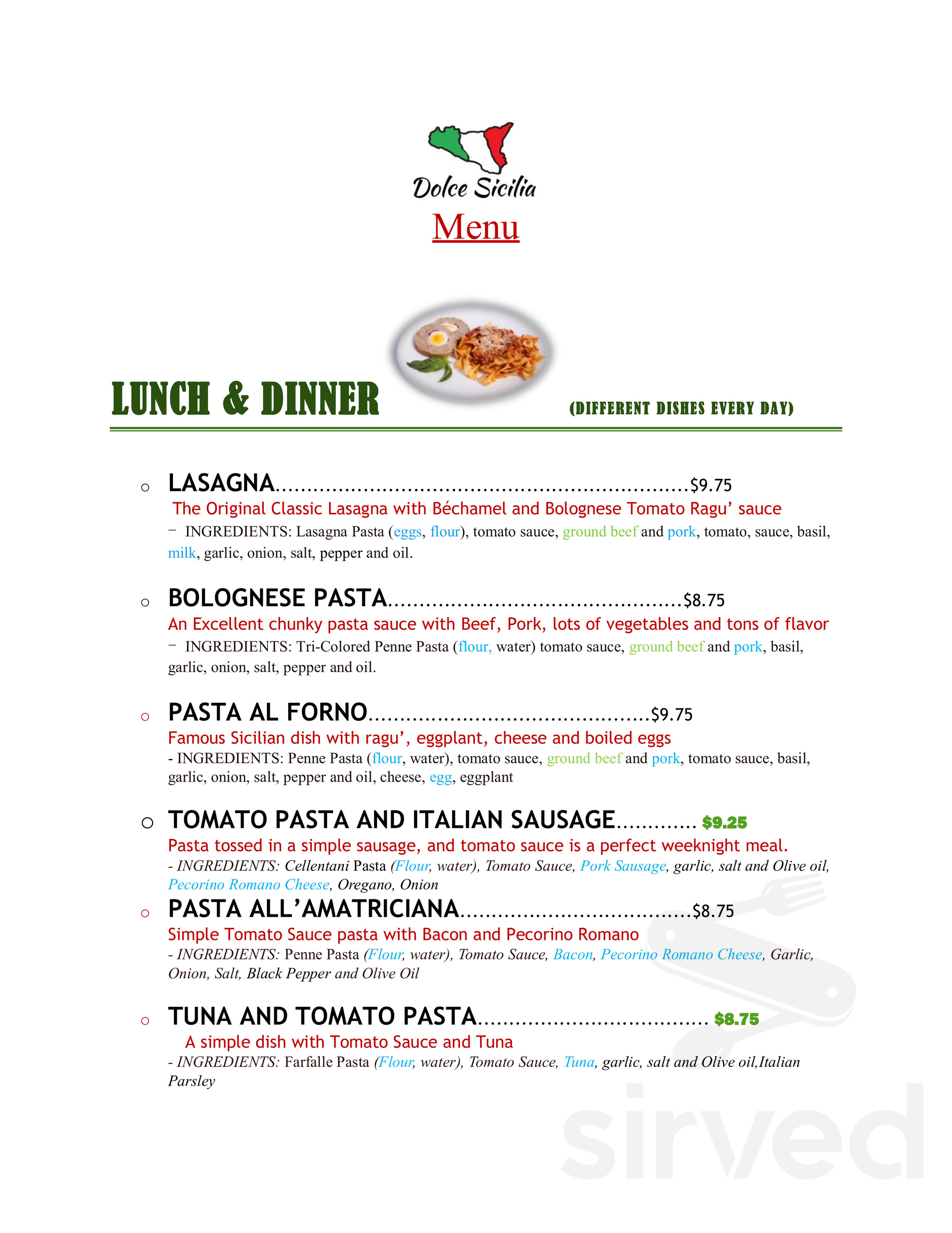 Dolce Sicilia Cafe menu in San Jose, California