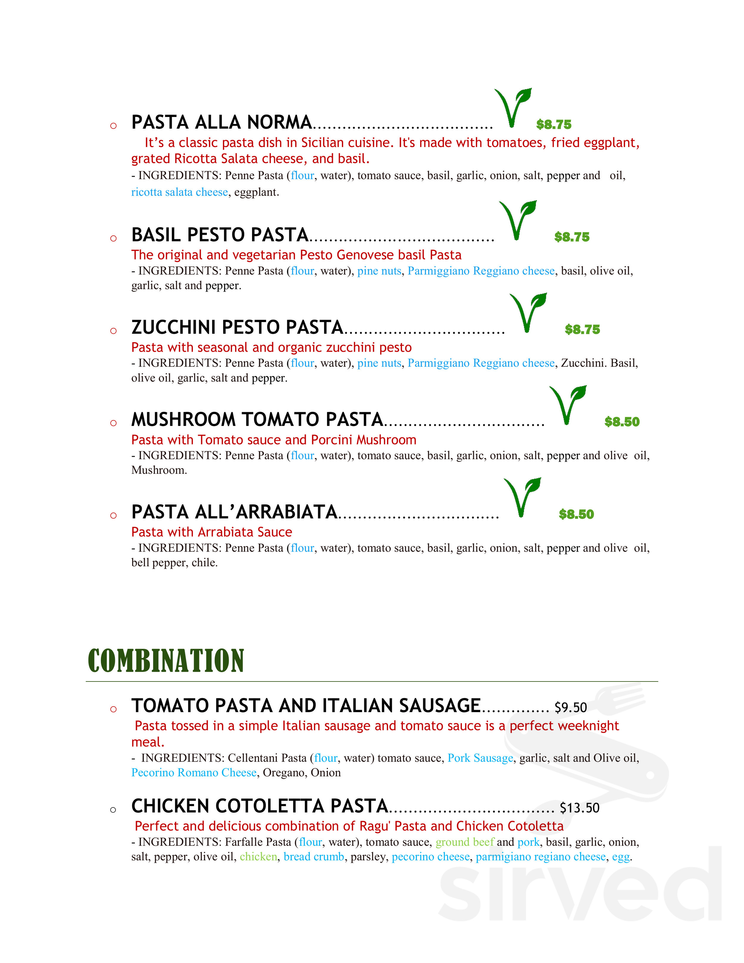 Dolce Sicilia Cafe menu in San Jose, California