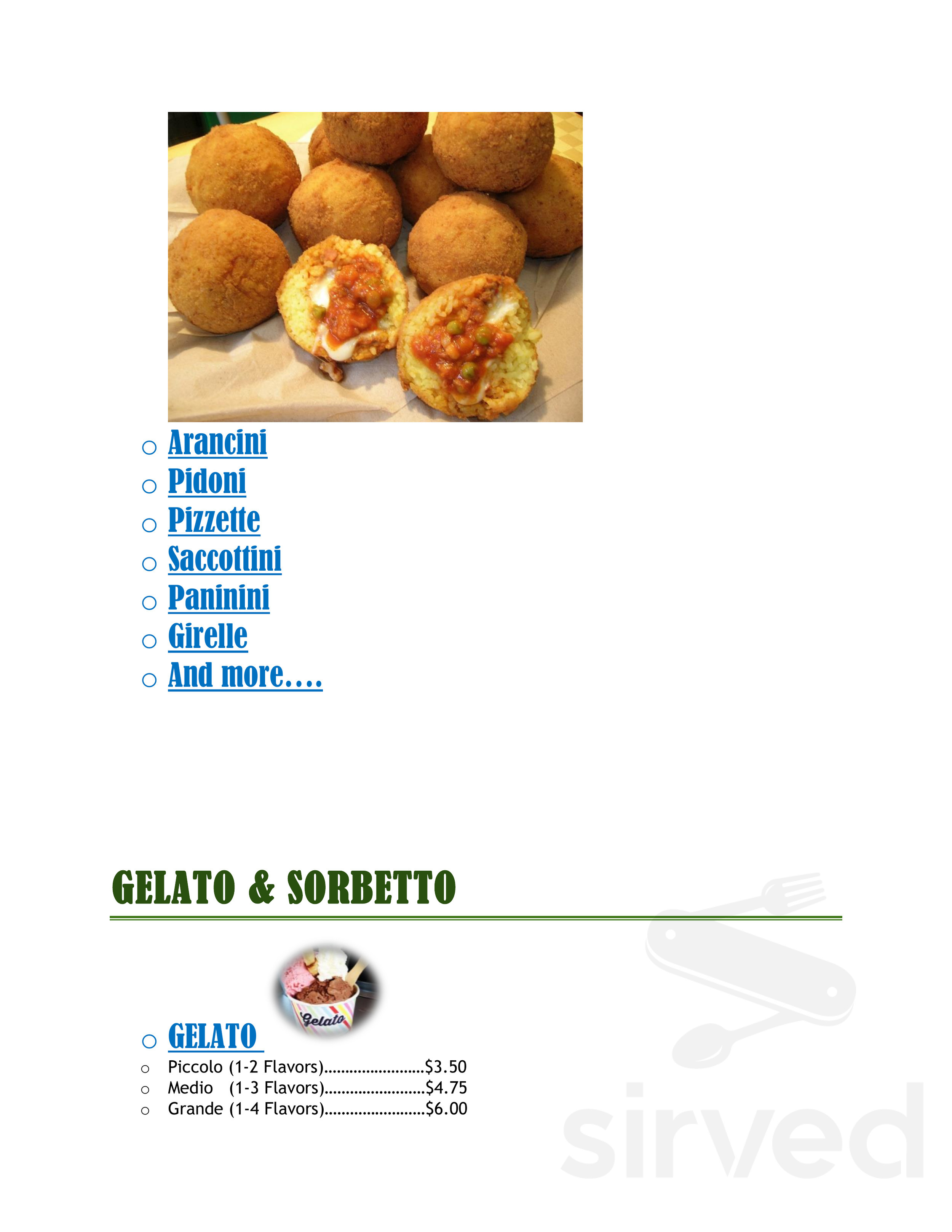 Dolce Sicilia Cafe menu in San Jose, California