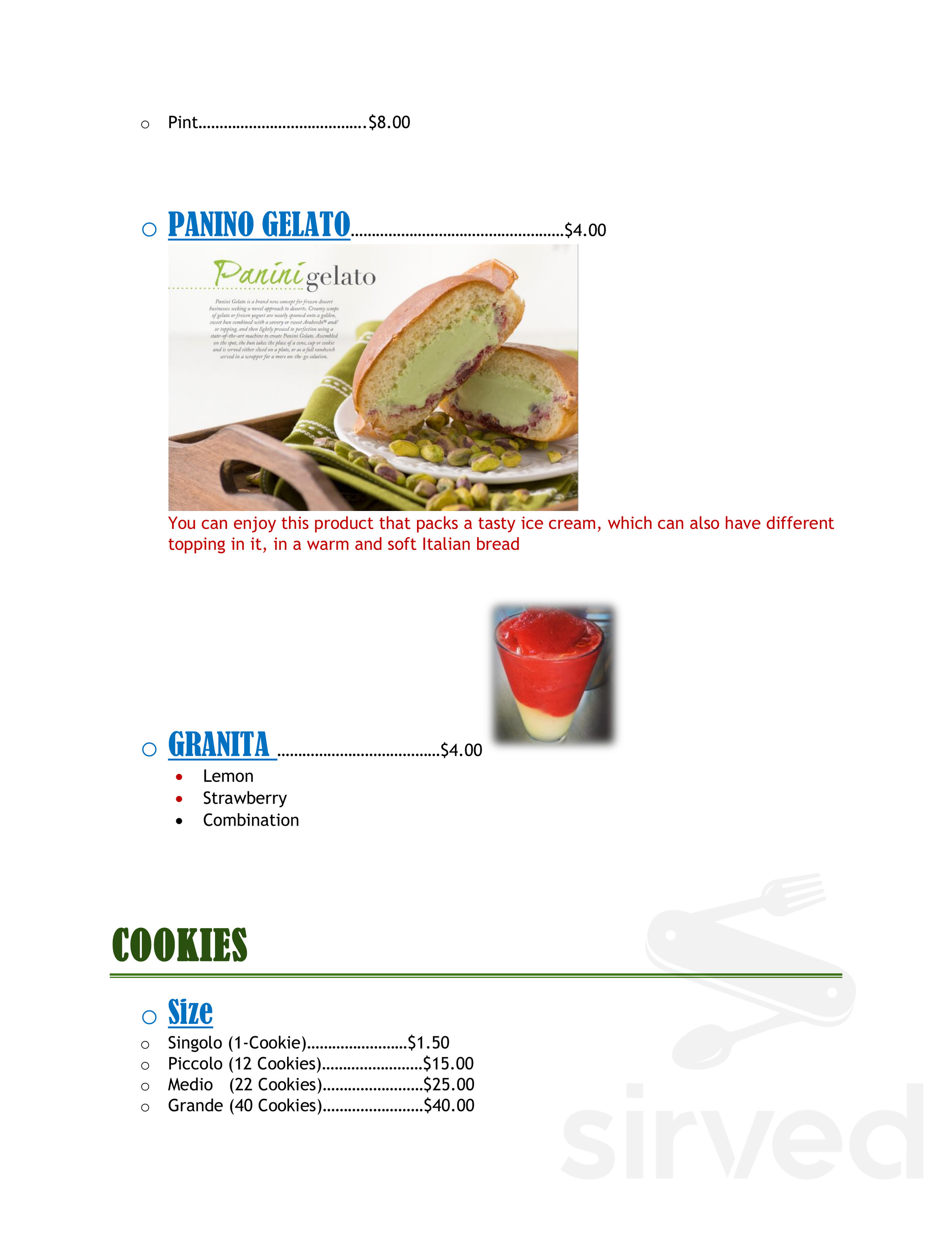 Dolce Sicilia Cafe dessert menu in San Jose, California