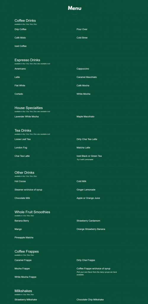 Wall Street Coffee Company menu in Jefferson, Ohio, USA