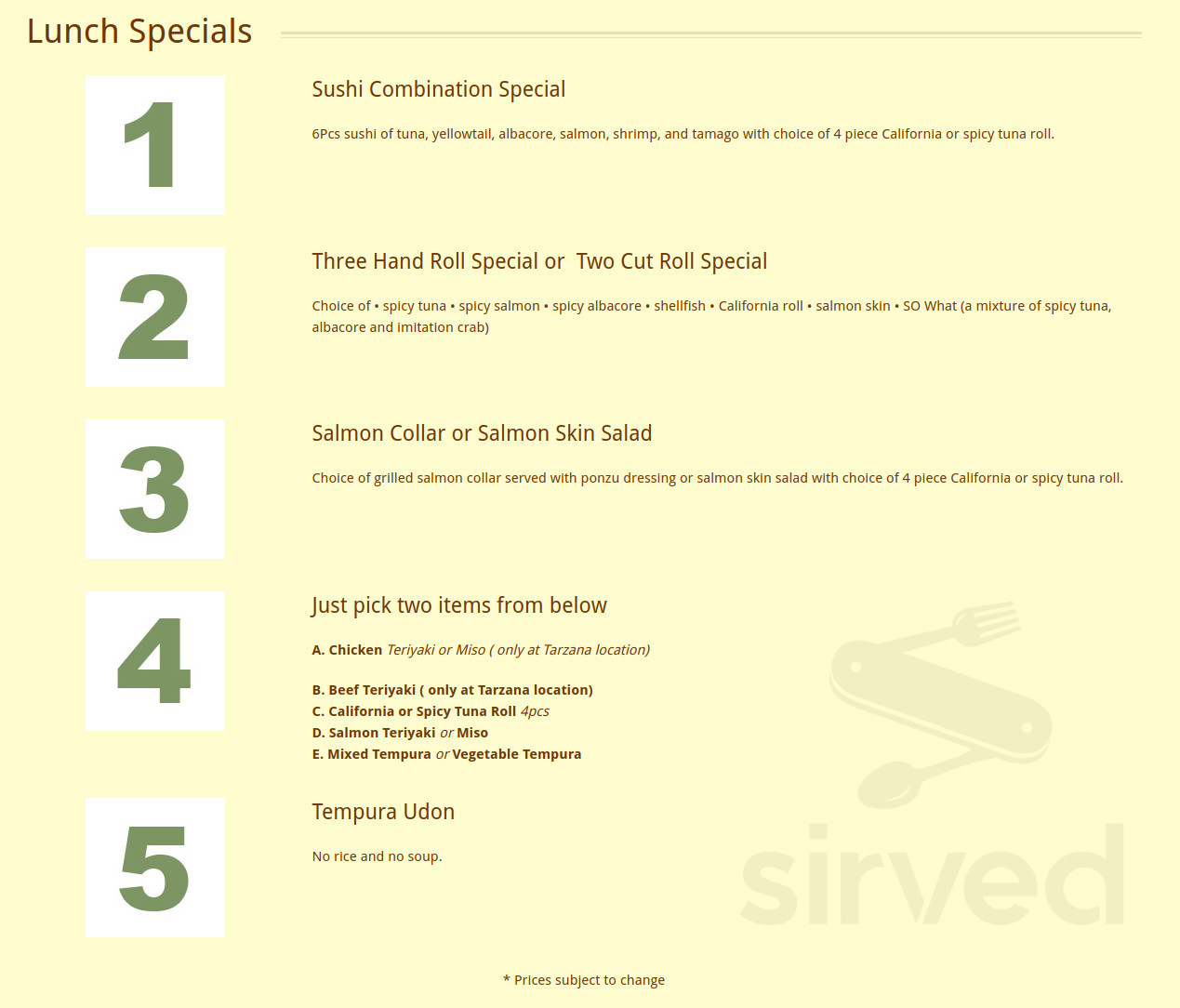 So Sushi Also lunch menu in Woodland Hills, California