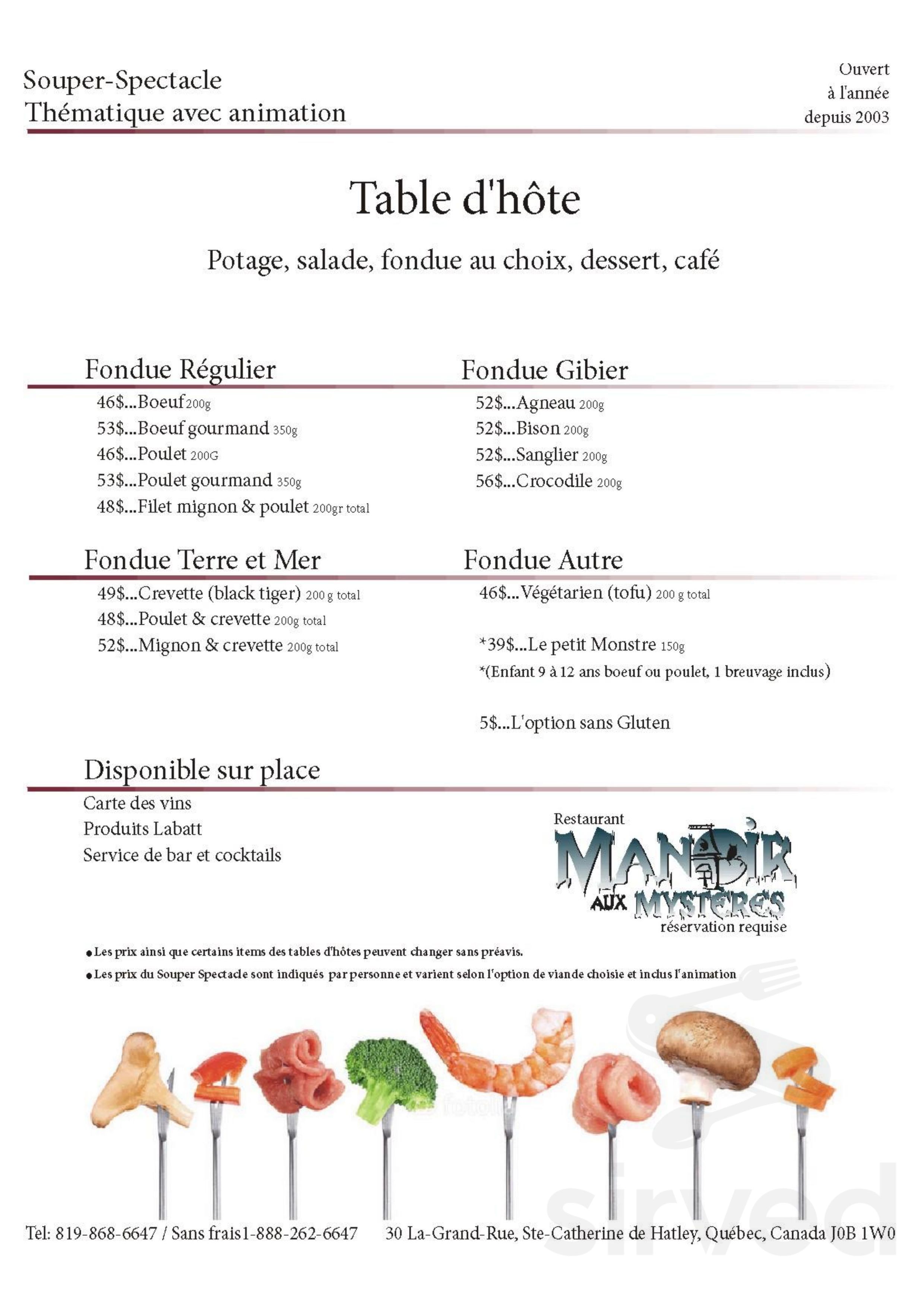 Manoir Aux Mysteres Menu In Sainte Catherine De Hatley Quebec Canada