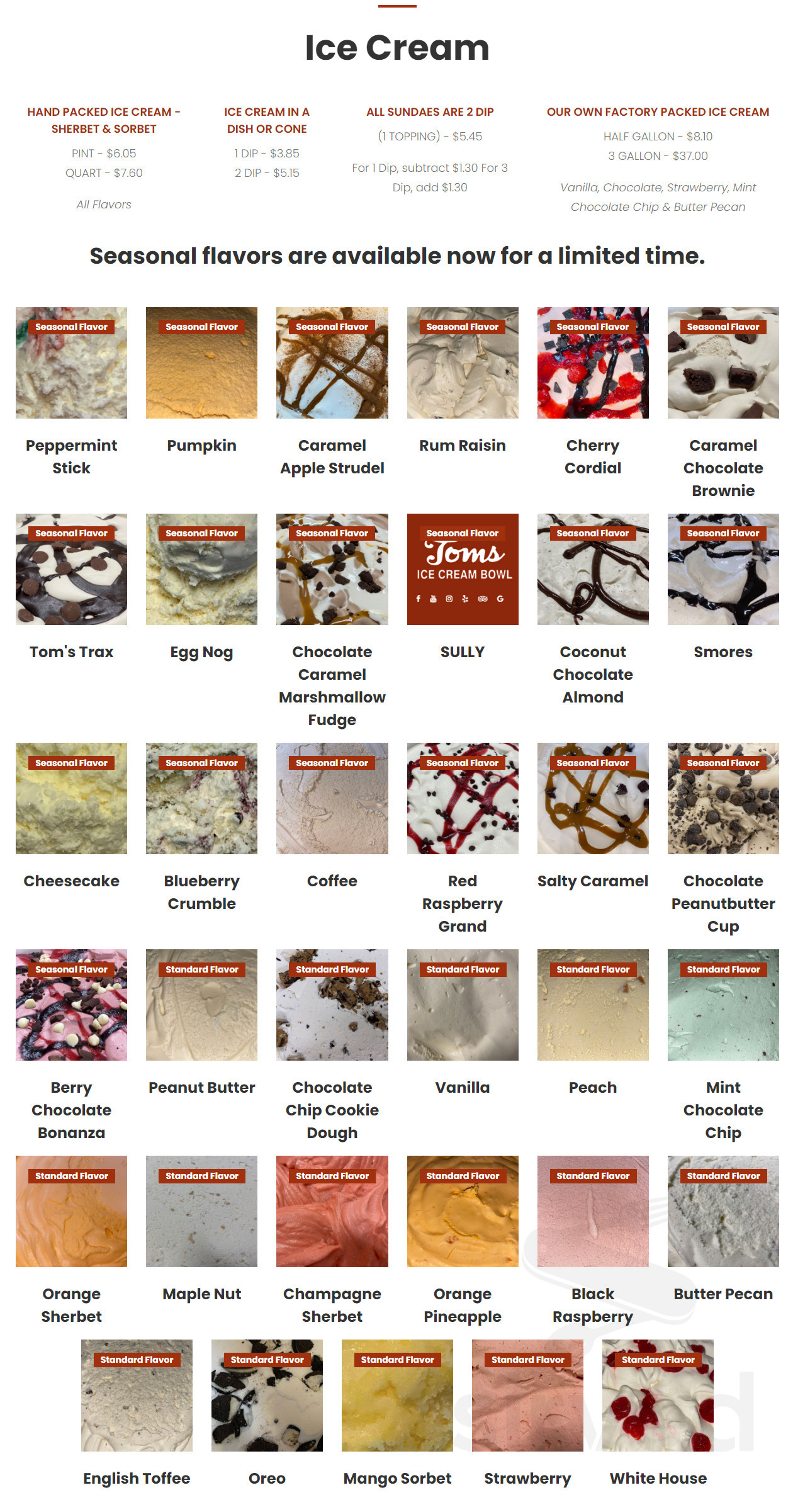 Tom's Ice Cream Bowl menu in Zanesville, Ohio, USA