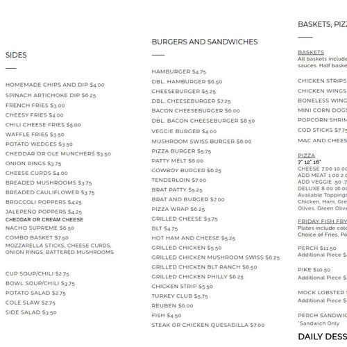 The Detour Bar and Grill menu in Mishicot, Wisconsin, USA