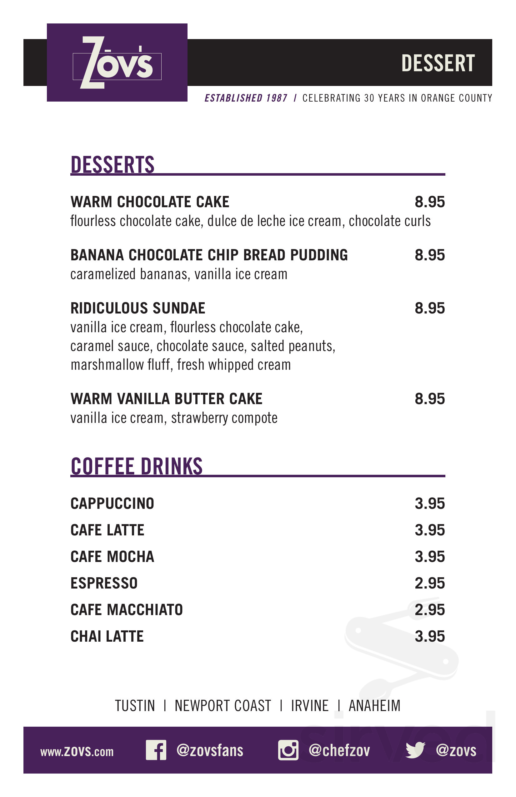 Zov's Restaurant & Bakery menus in Tustin, California, United States