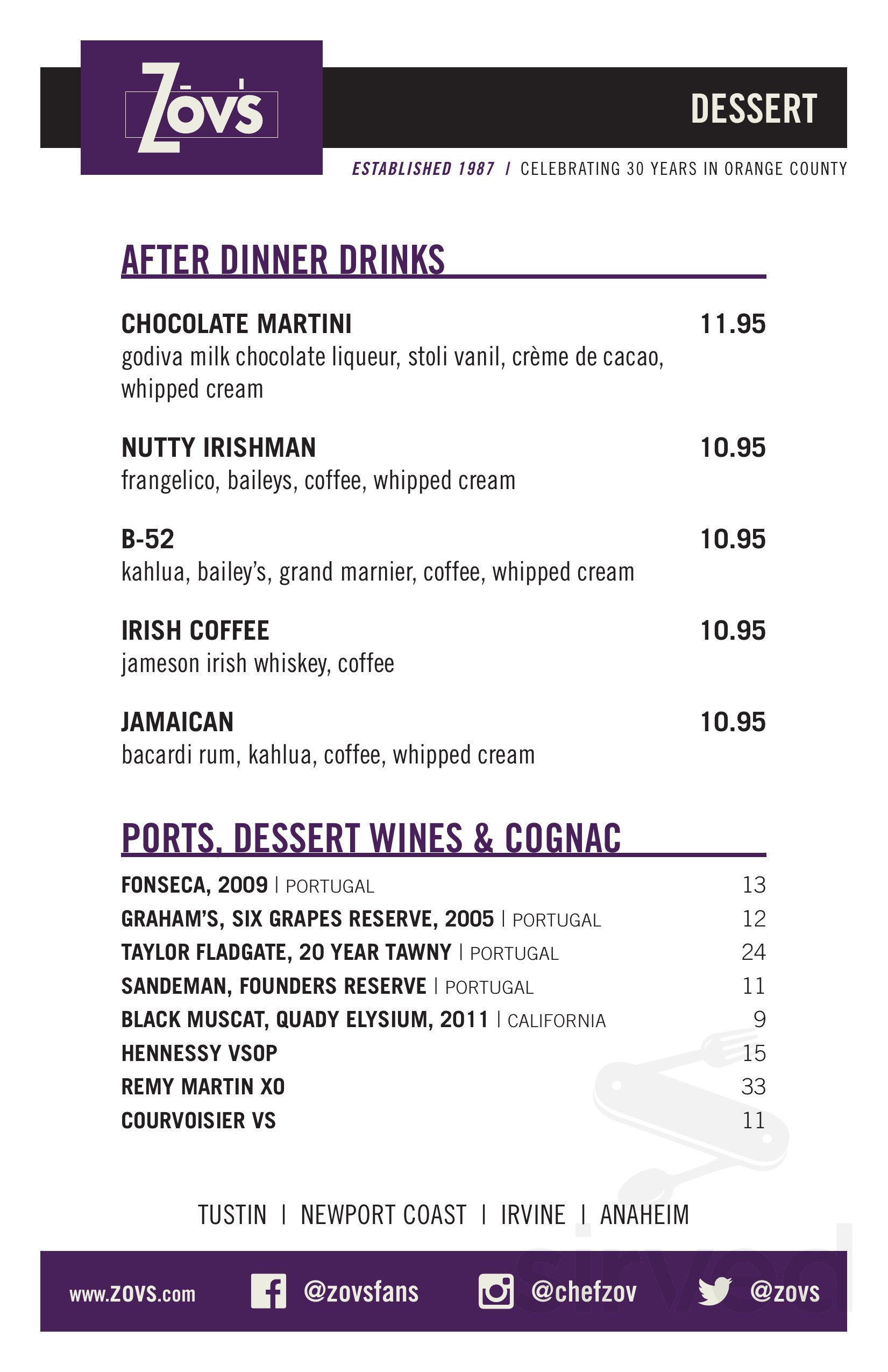 Zov's Restaurant & Bakery menus in Tustin, California, United States