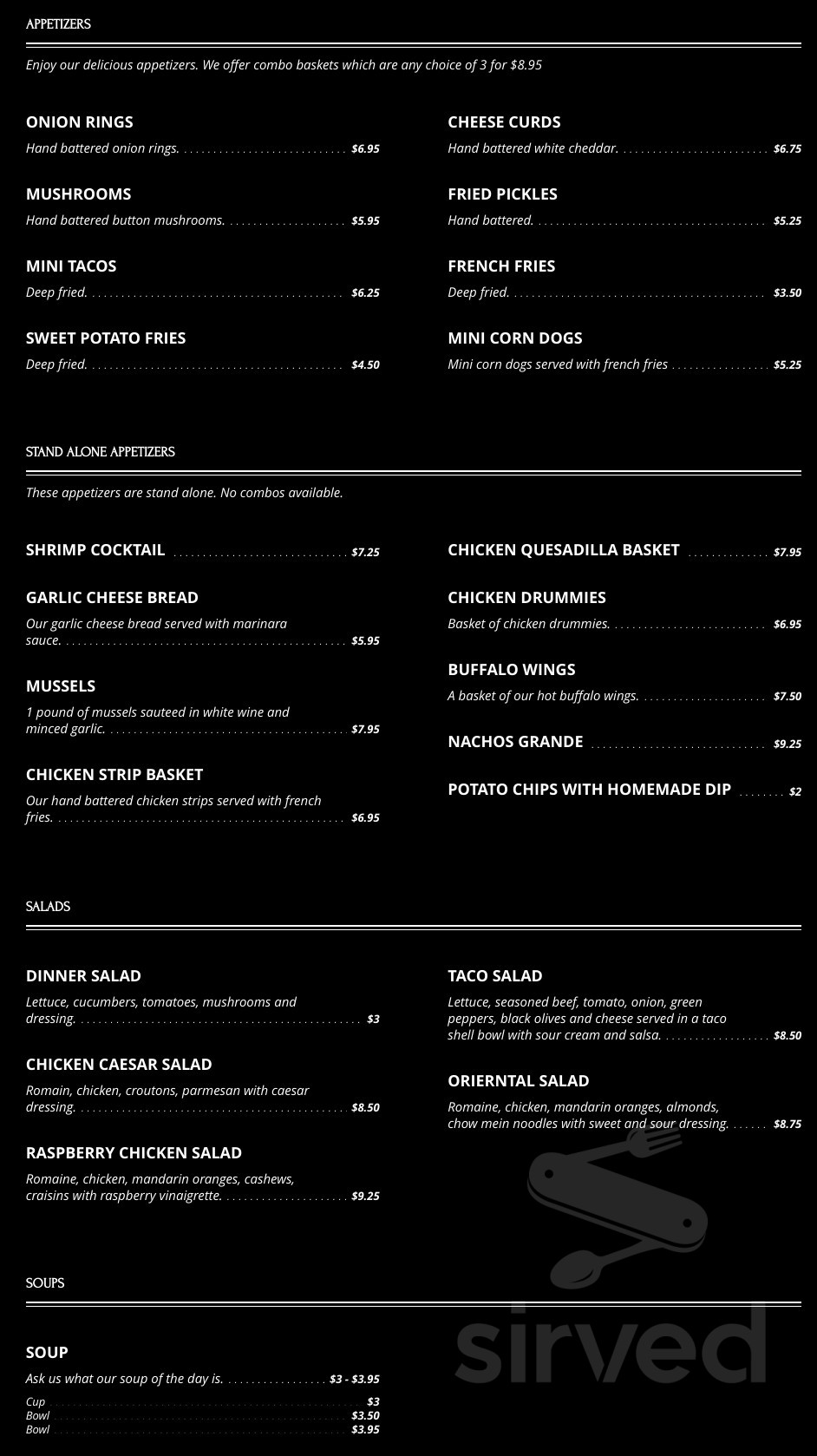 Menu - Wabasha MN's Pioneer Club | Sirved