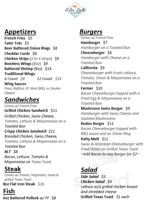 Elm Lake Resort menu in Frederick, South Dakota, USA