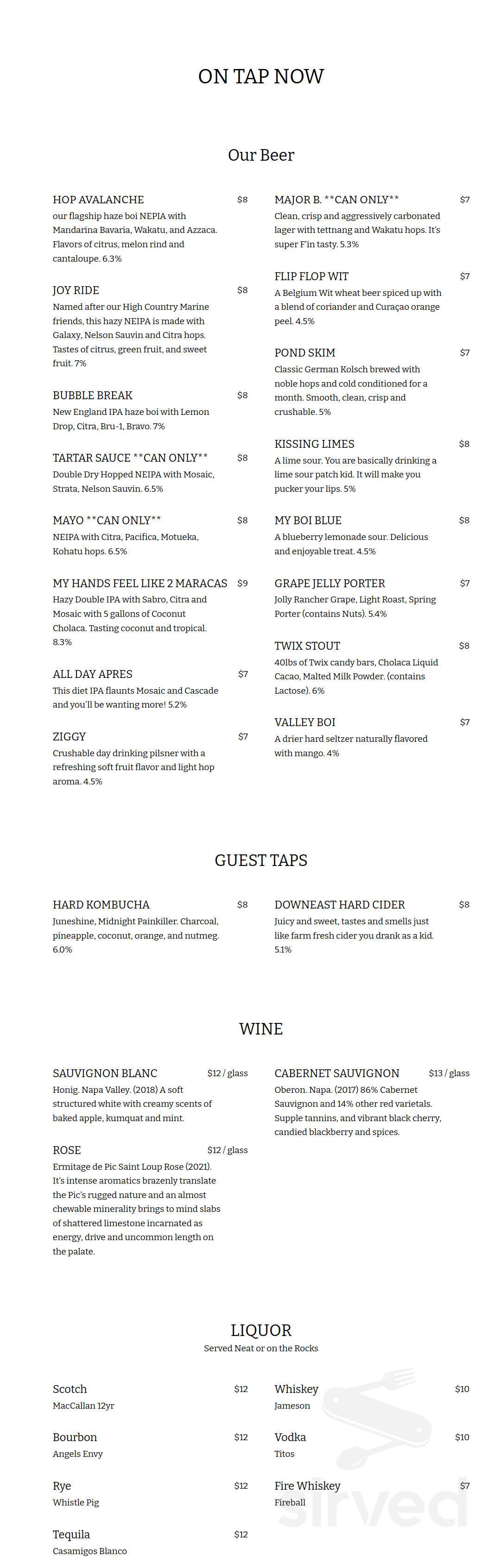 Snow Republic Brewery menu in West Dover, Vermont, USA