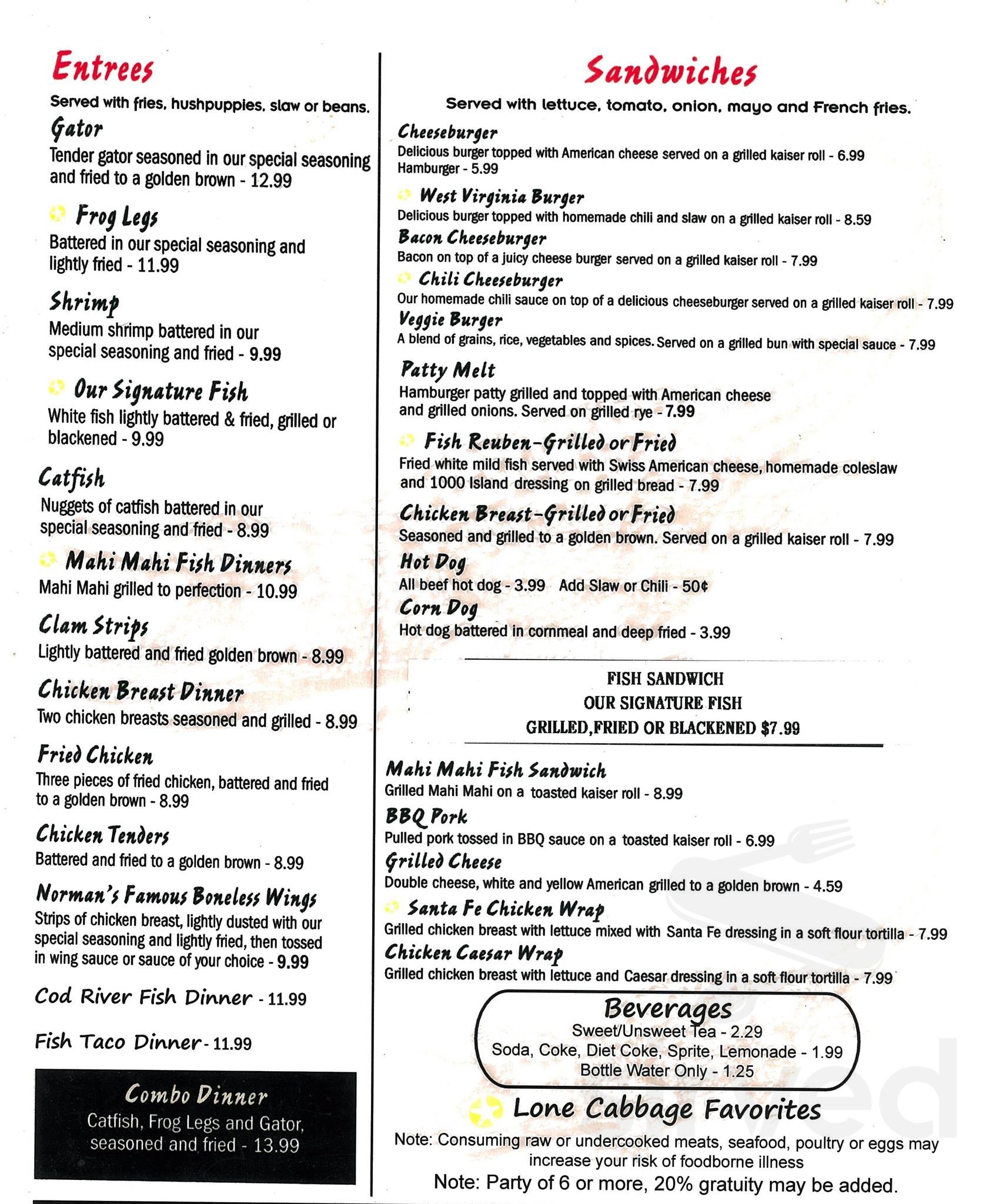 Lone Cabbage Fish Camp menus in Cocoa, Florida, United States