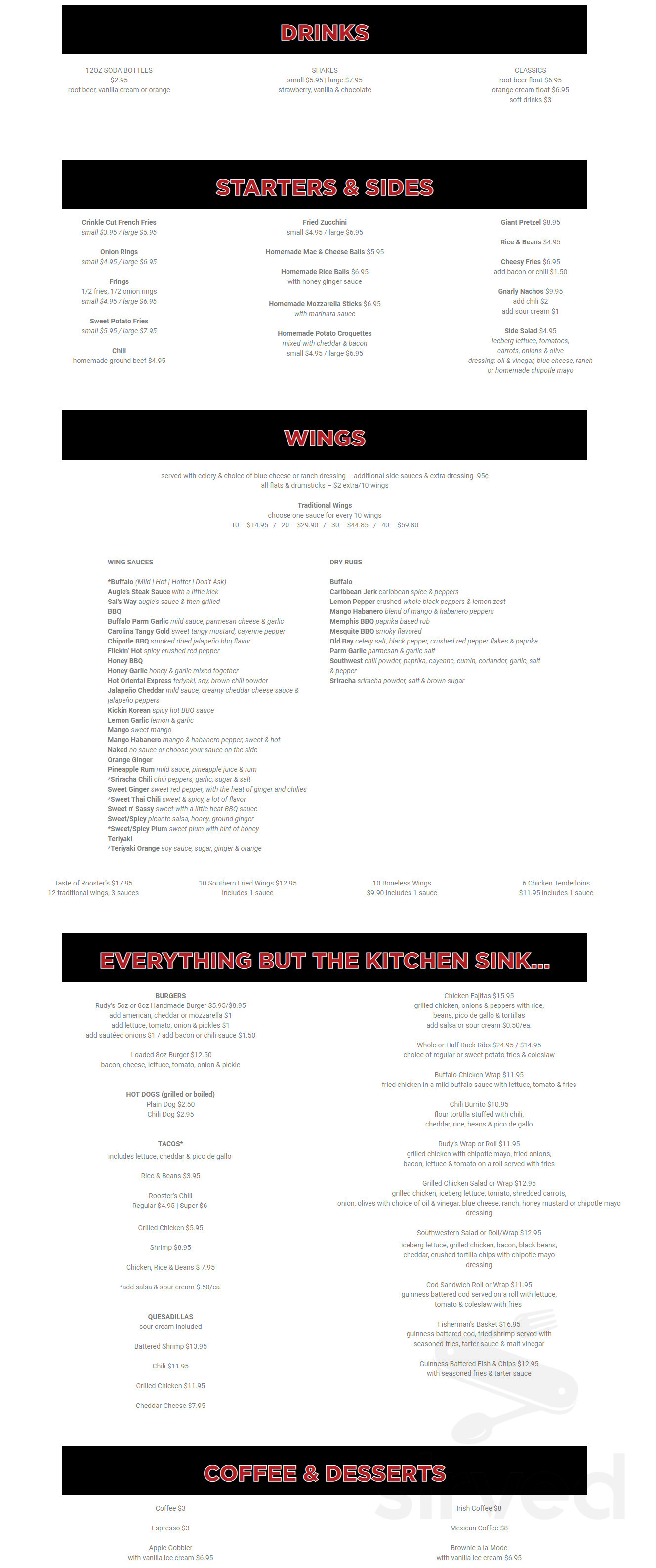 Rooster's Wings & Brew menu in Mohegan Lake, New York