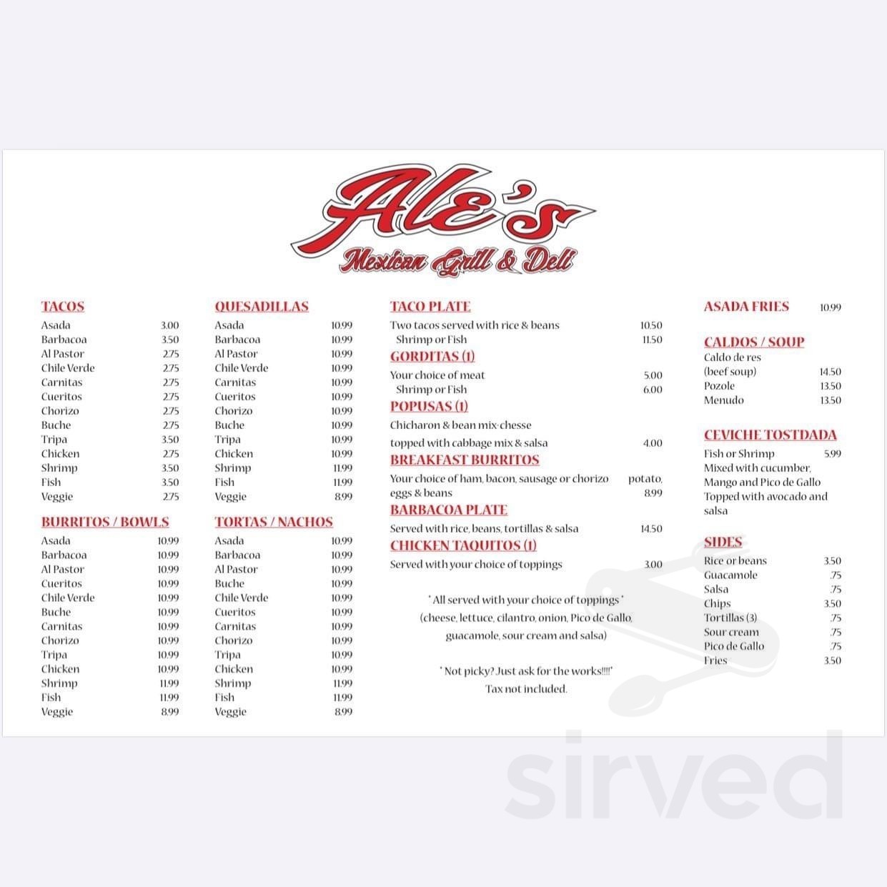 Las ale's Mexican deli menu in Atascadero, California, USA