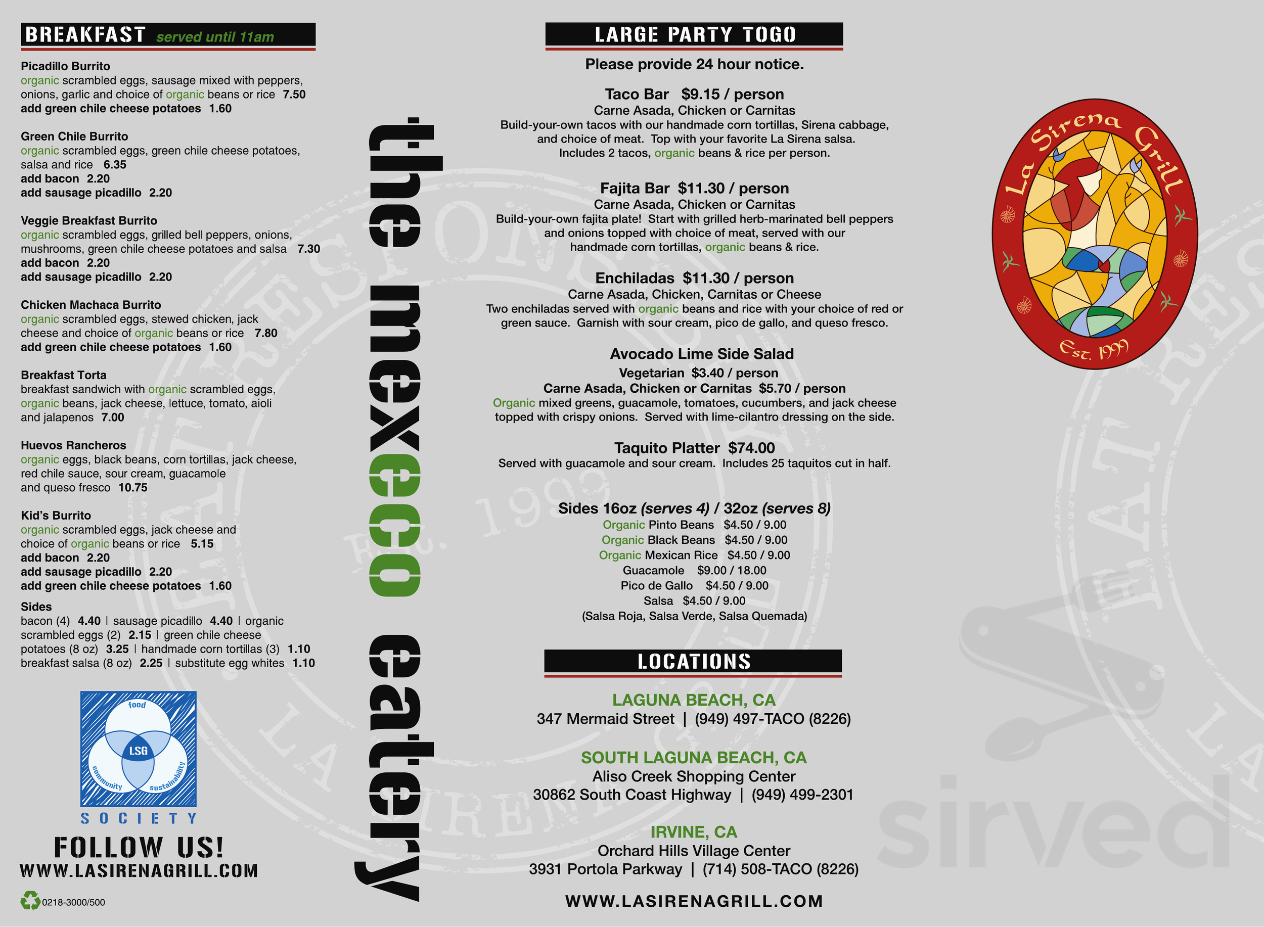 La Sirena Grill menu in Laguna Beach, California